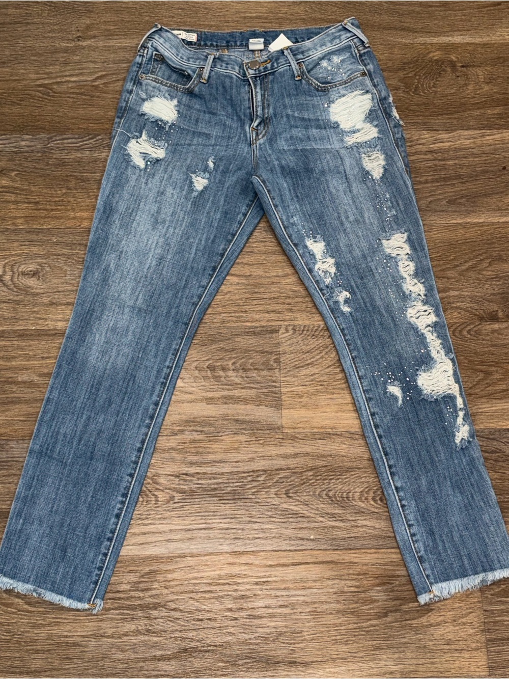 True Religion Distressed Light Blue Straight Leg Jeans